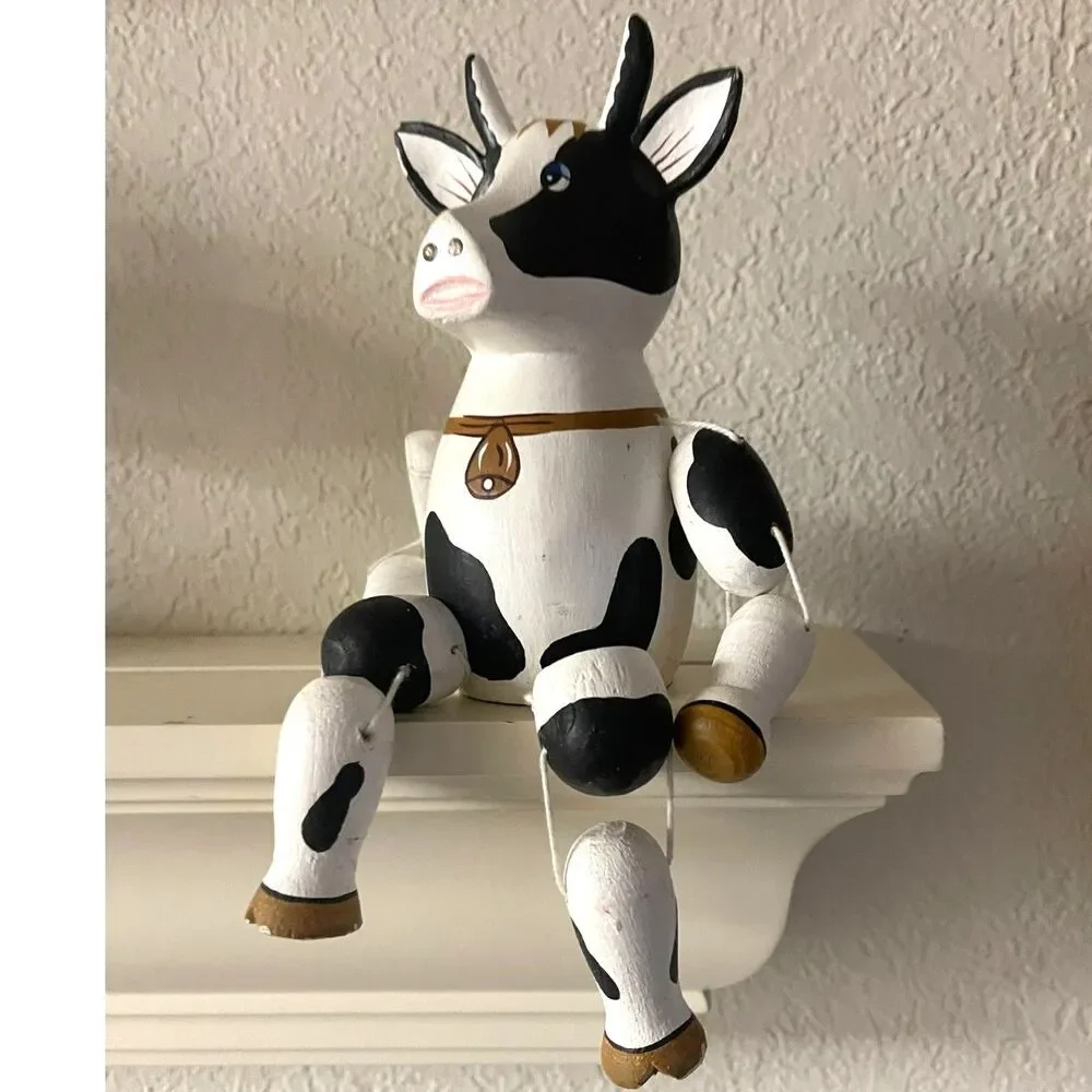 Vintage Handpainted Wood Cow Shelf Sitter Figurine~Signed Woodful ~Farmhouse